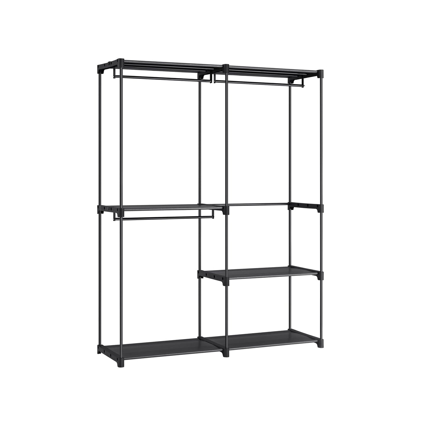 Portable Clothes Storage Organizer - Fabric - Black - Large Capacity with 3 Hanging Rods and Shelves
