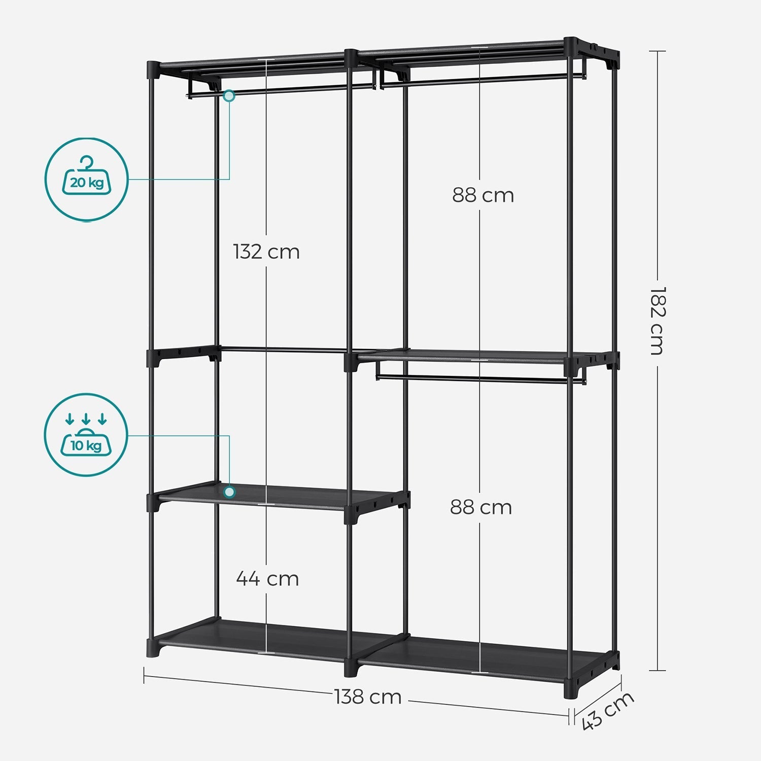 Portable Clothes Storage Organizer - Fabric - Black - Large Capacity with 3 Hanging Rods and Shelves