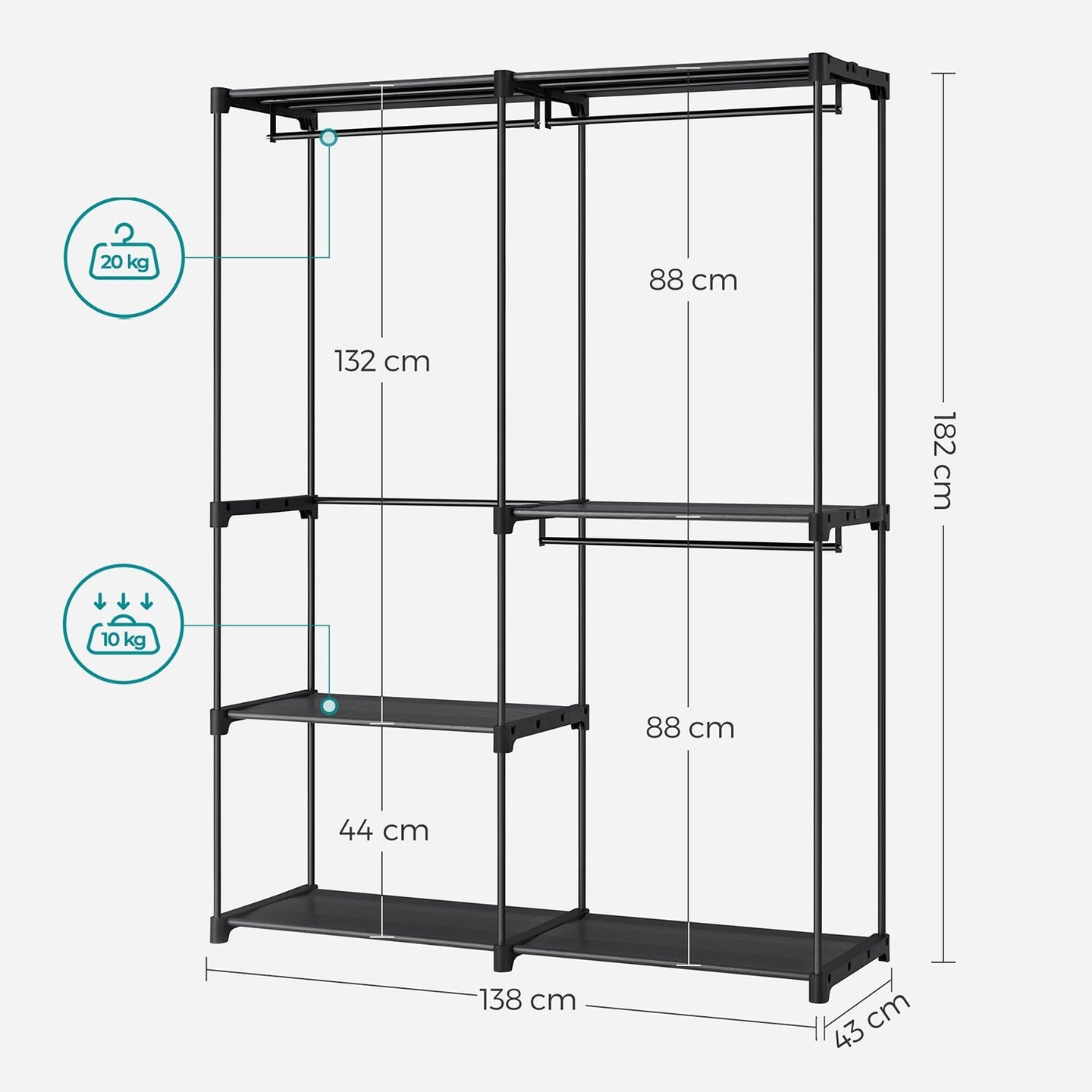 Portable Clothes Storage Organizer - Fabric - Black - Large Capacity with 3 Hanging Rods and Shelves