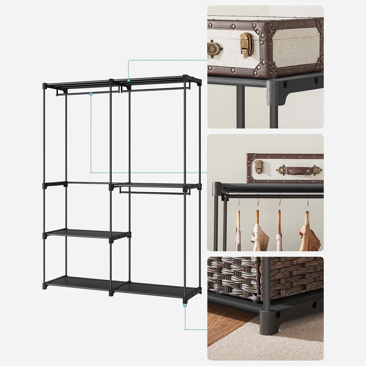 Portable Clothes Storage Organizer - Fabric - Black - Large Capacity with 3 Hanging Rods and Shelves