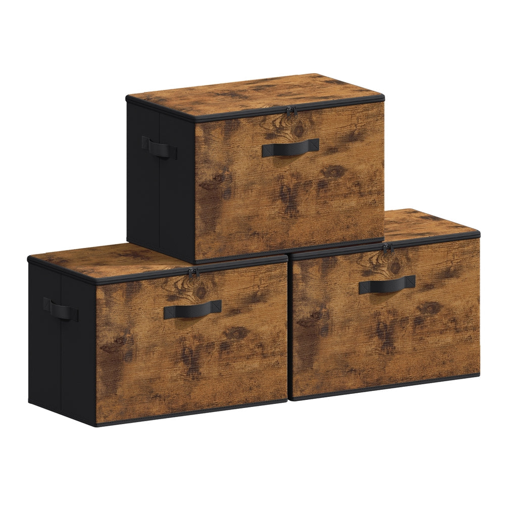 Foldable Storage Organiser Boxes Set of 3 - Thick Cardboard and Fabric - Rustic Brown