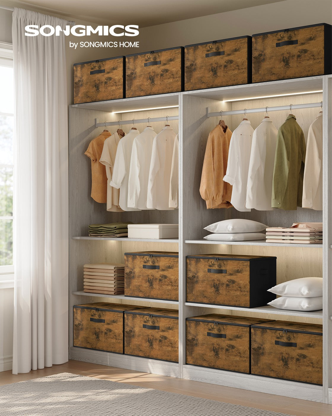Foldable Storage Organiser Boxes Set of 3 - Thick Cardboard and Fabric - Rustic Brown