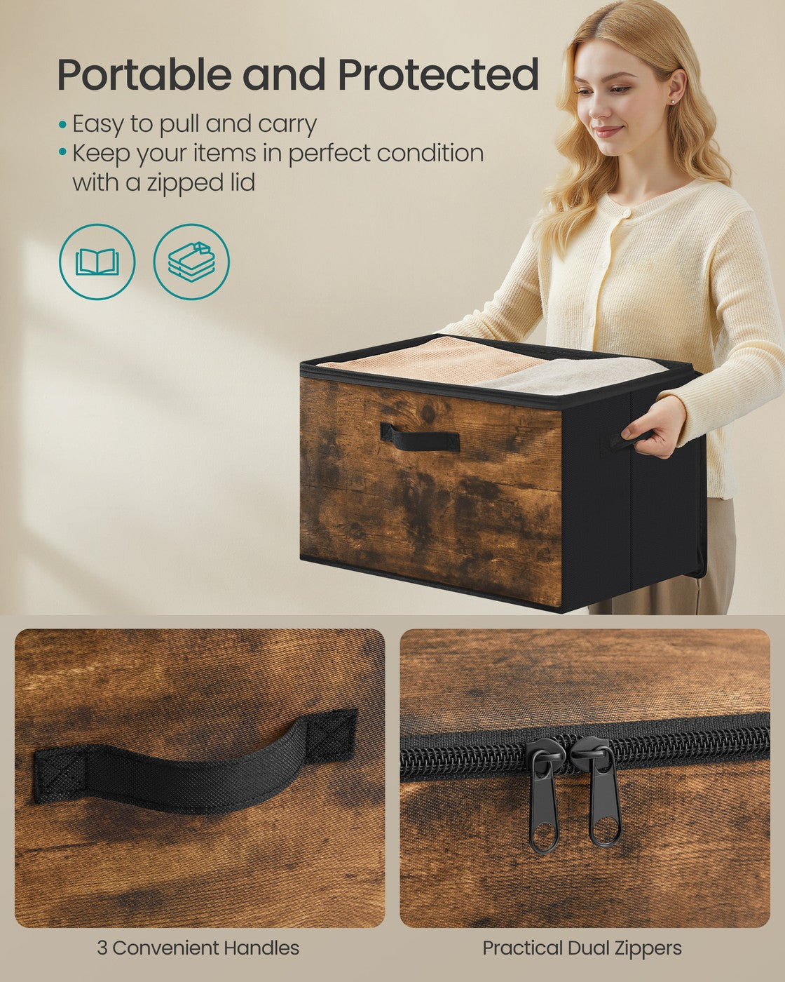 Foldable Storage Organiser Boxes Set of 3 - Thick Cardboard and Fabric - Rustic Brown