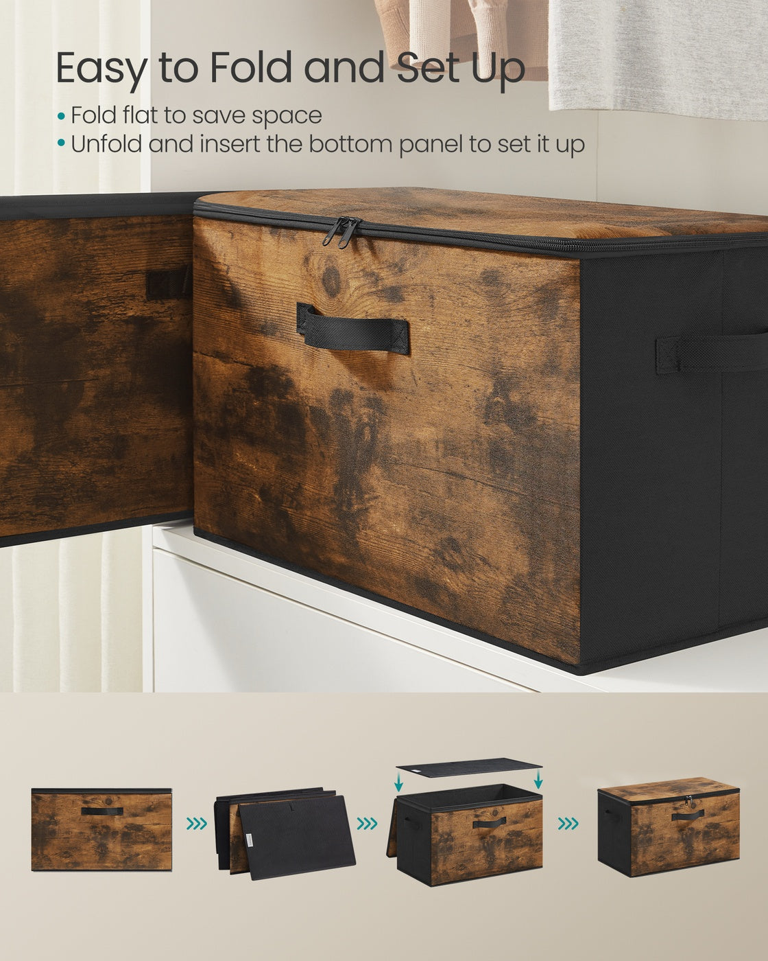 Foldable Storage Organiser Boxes Set of 3 - Thick Cardboard and Fabric - Rustic Brown