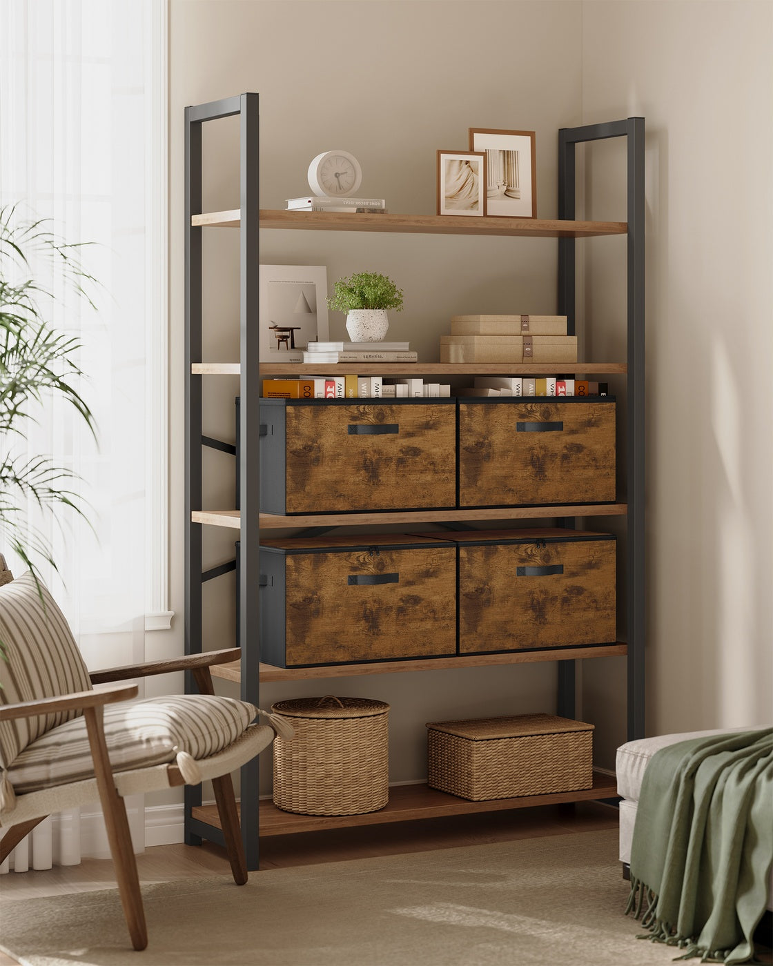 Foldable Storage Organiser Boxes Set of 3 - Thick Cardboard and Fabric - Rustic Brown