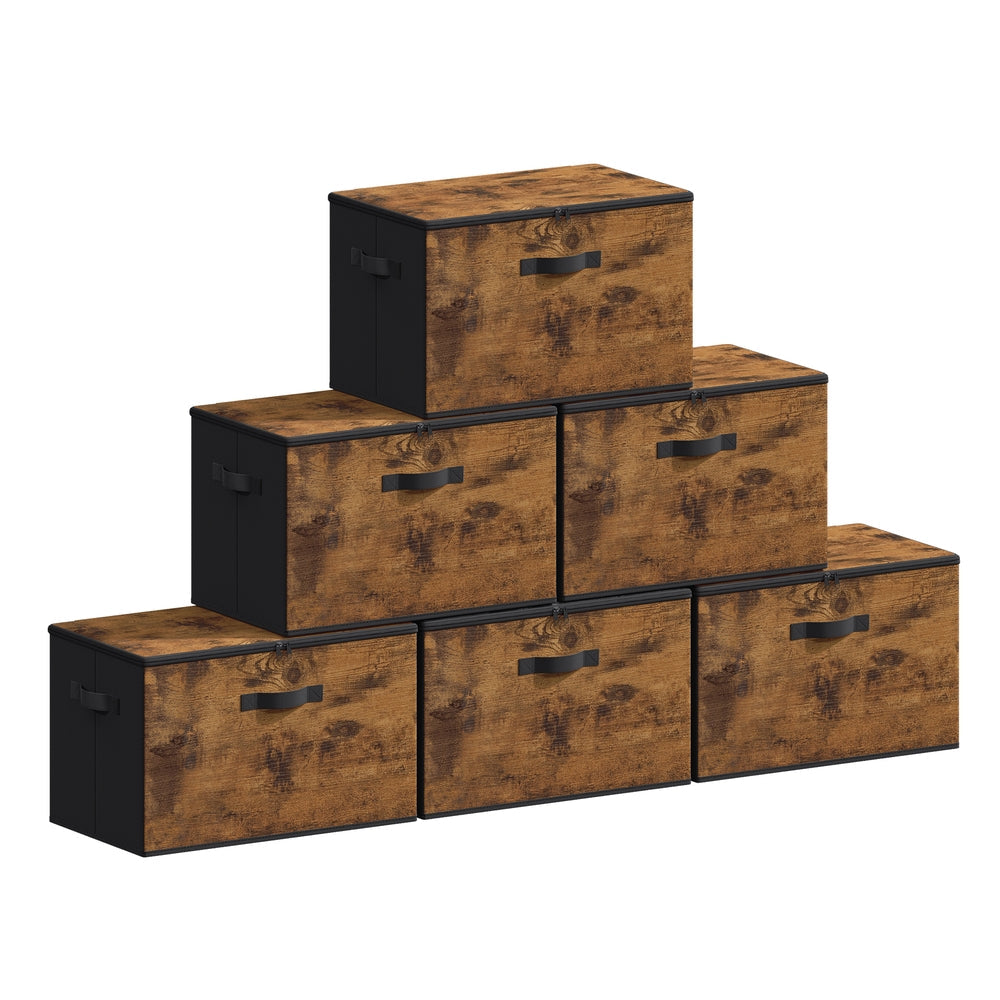 Foldable Storage Organiser Boxes Set of 6 - Thick Cardboard and Fabric - Rustic Brown