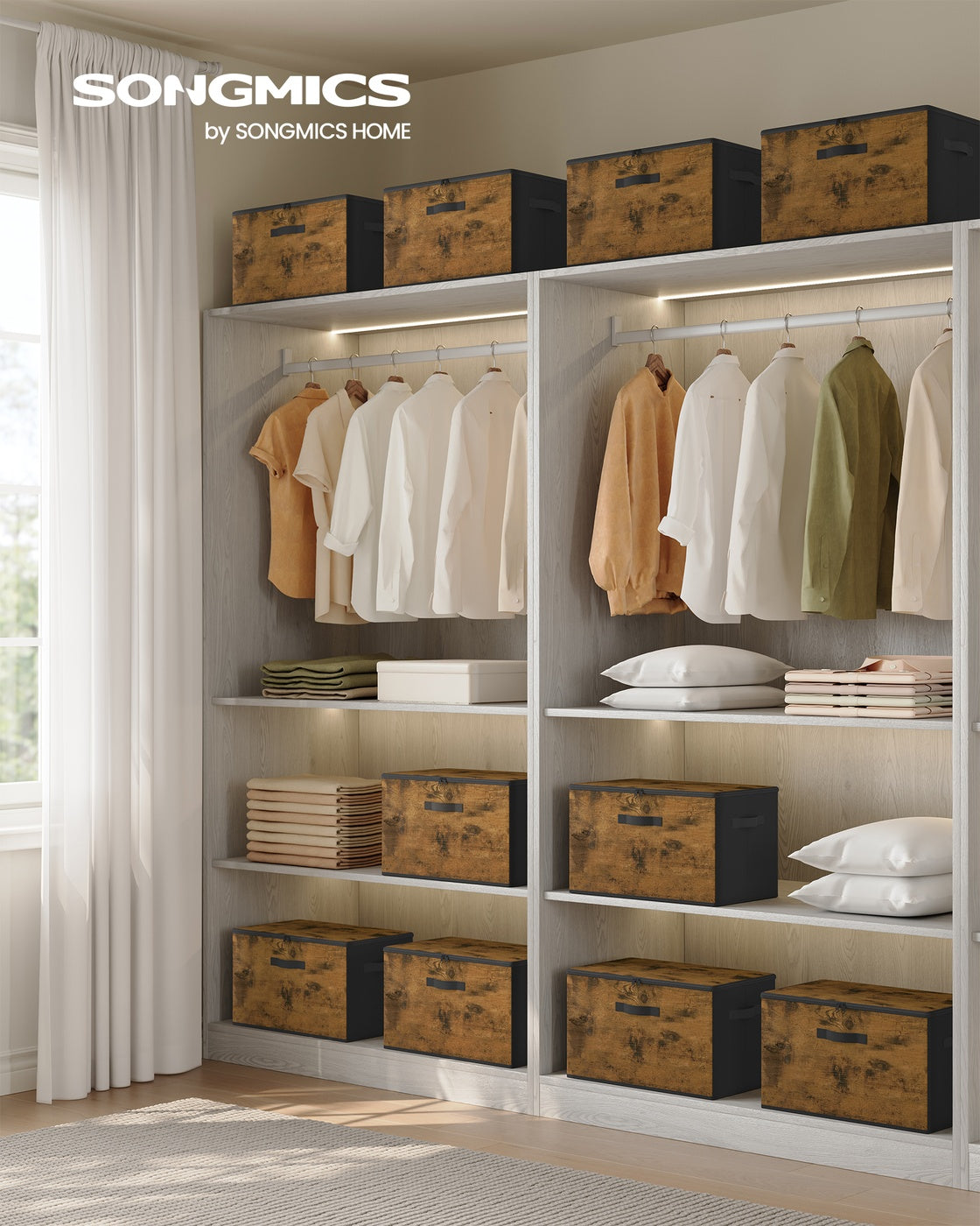Foldable Storage Organiser Boxes Set of 6 - Thick Cardboard and Fabric - Rustic Brown