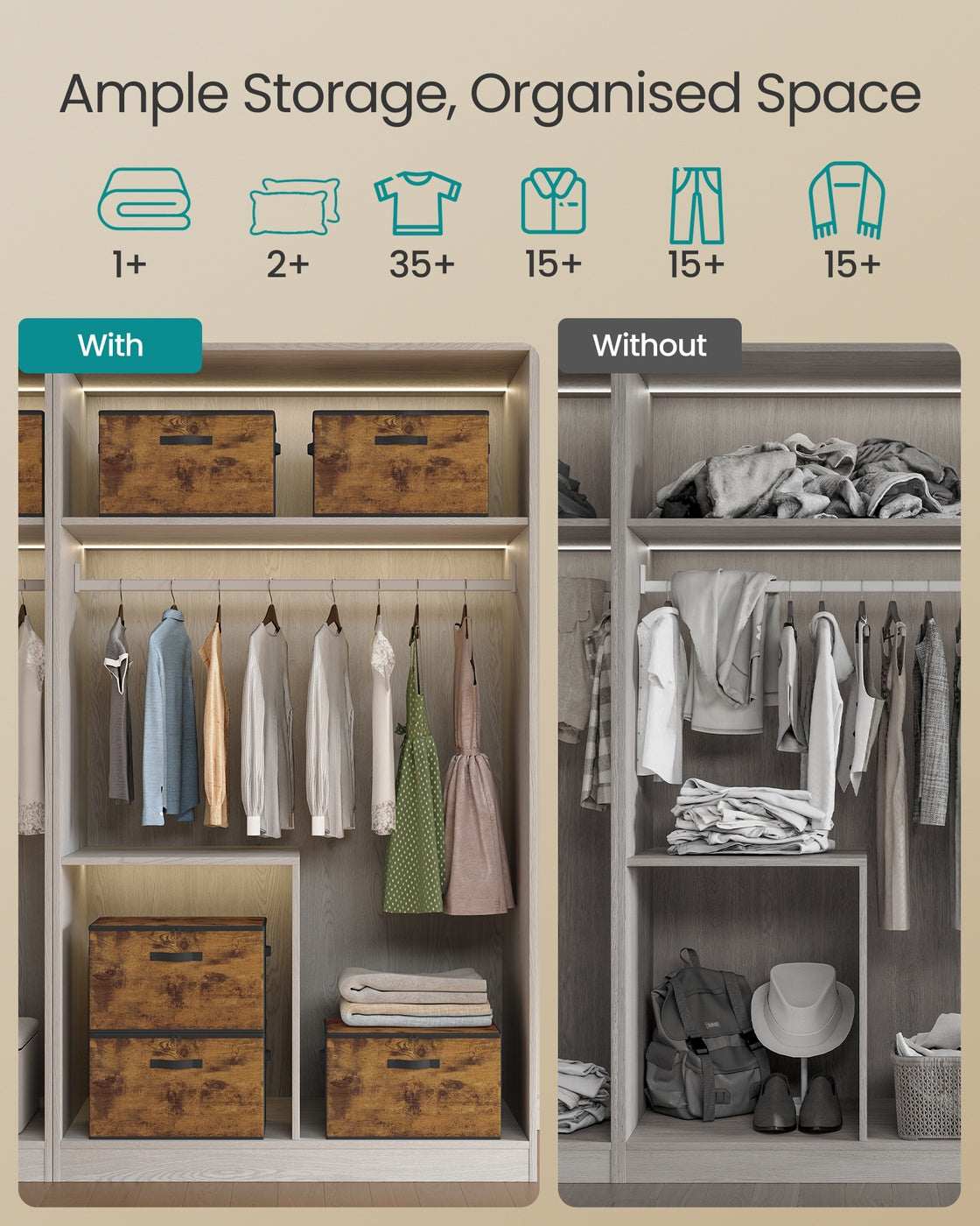 Foldable Storage Organiser Boxes Set of 6 - Thick Cardboard and Fabric - Rustic Brown