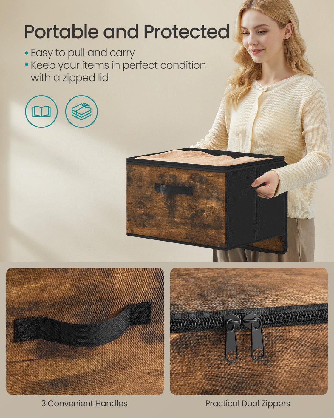 Foldable Storage Organiser Boxes Set of 6 - Thick Cardboard and Fabric - Rustic Brown