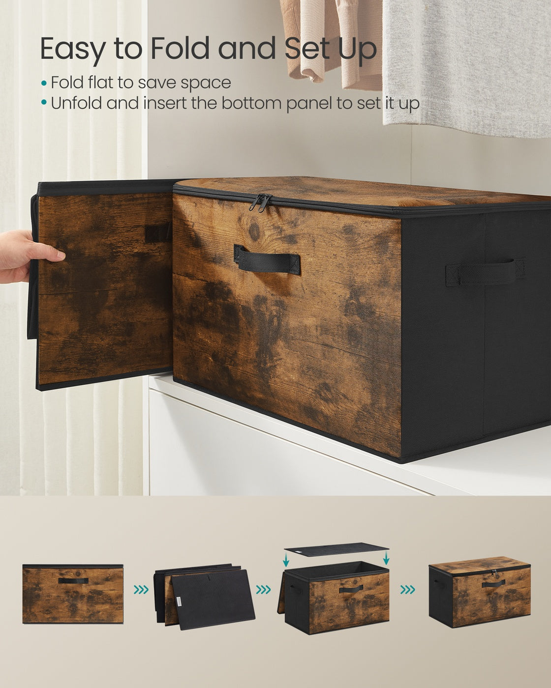 Foldable Storage Organiser Boxes Set of 6 - Thick Cardboard and Fabric - Rustic Brown
