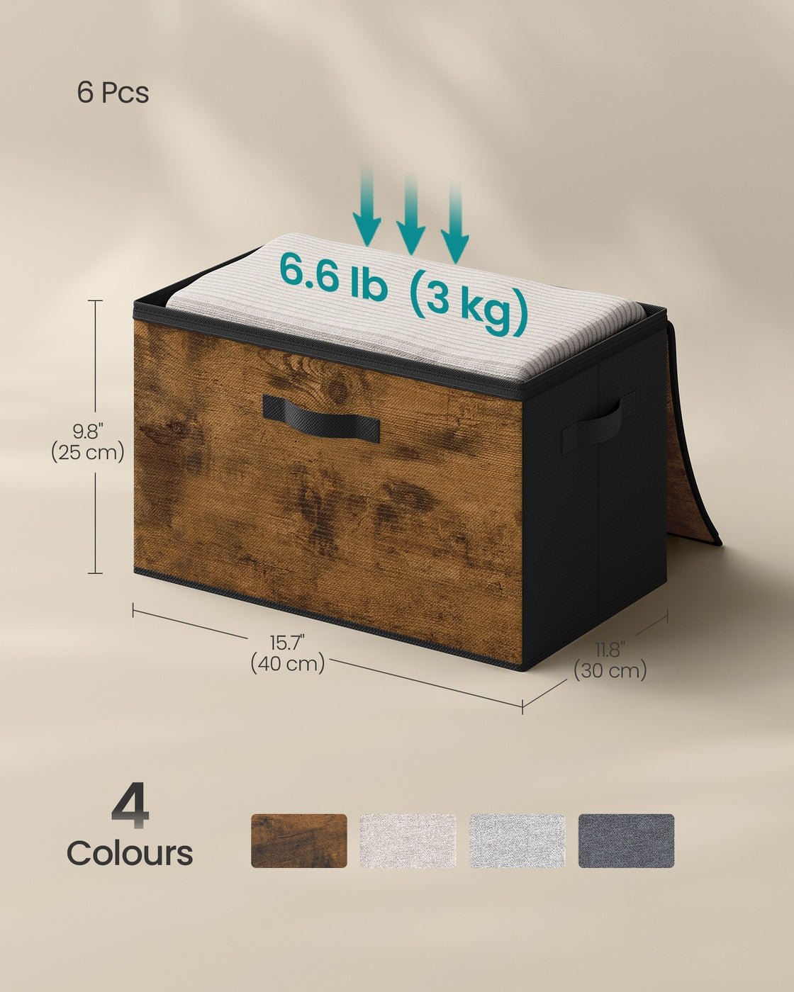 Foldable Storage Organiser Boxes Set of 6 - Thick Cardboard and Fabric - Rustic Brown