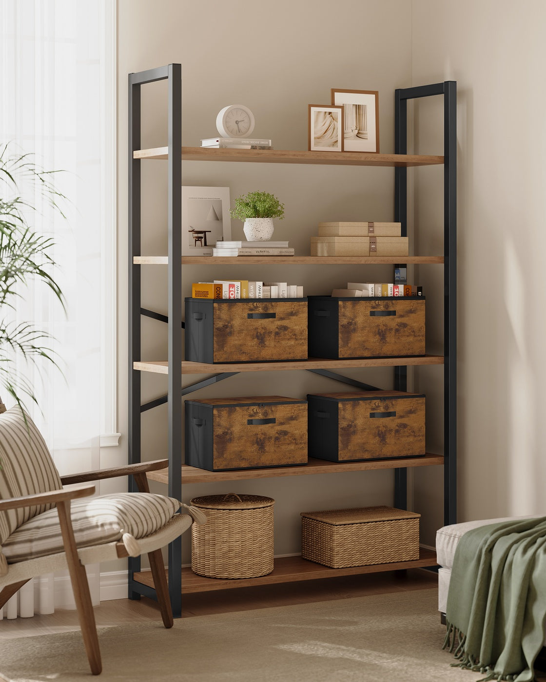 Foldable Storage Organiser Boxes Set of 6 - Thick Cardboard and Fabric - Rustic Brown