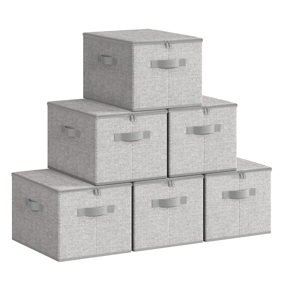 Set of 6 Foldable Storage Organiser Boxes - Thick Cardboard and Fabric - Dove Grey - with Lids