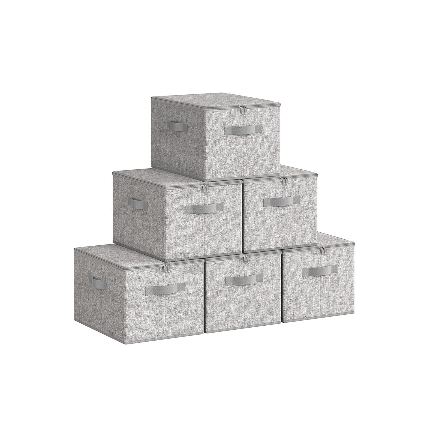 Set of 6 Foldable Storage Organiser Boxes - Thick Cardboard and Fabric - Dove Grey - with Lids