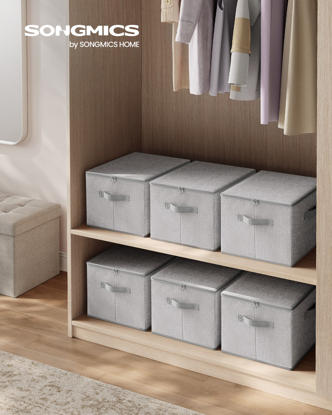 Set of 6 Foldable Storage Organiser Boxes - Thick Cardboard and Fabric - Dove Grey - with Lids