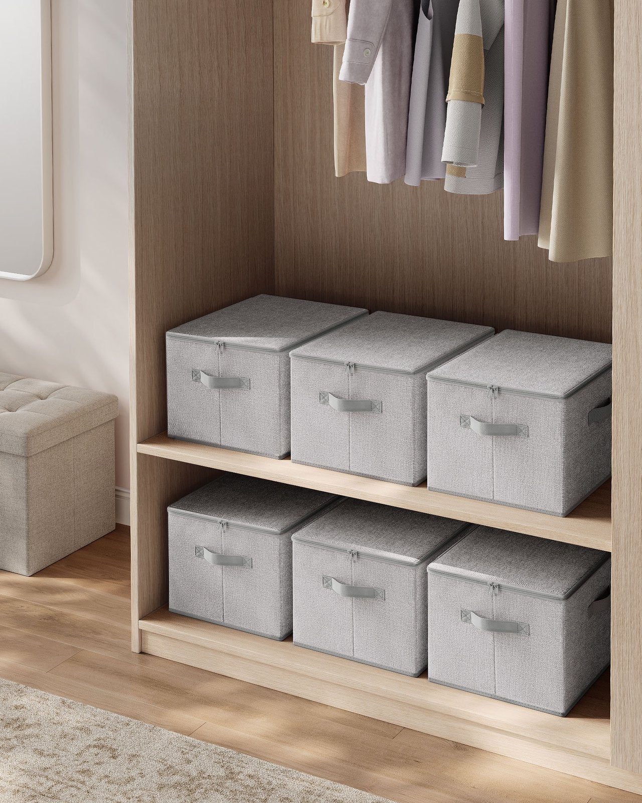 Set of 6 Foldable Storage Organiser Boxes - Thick Cardboard and Fabric - Dove Grey - with Lids