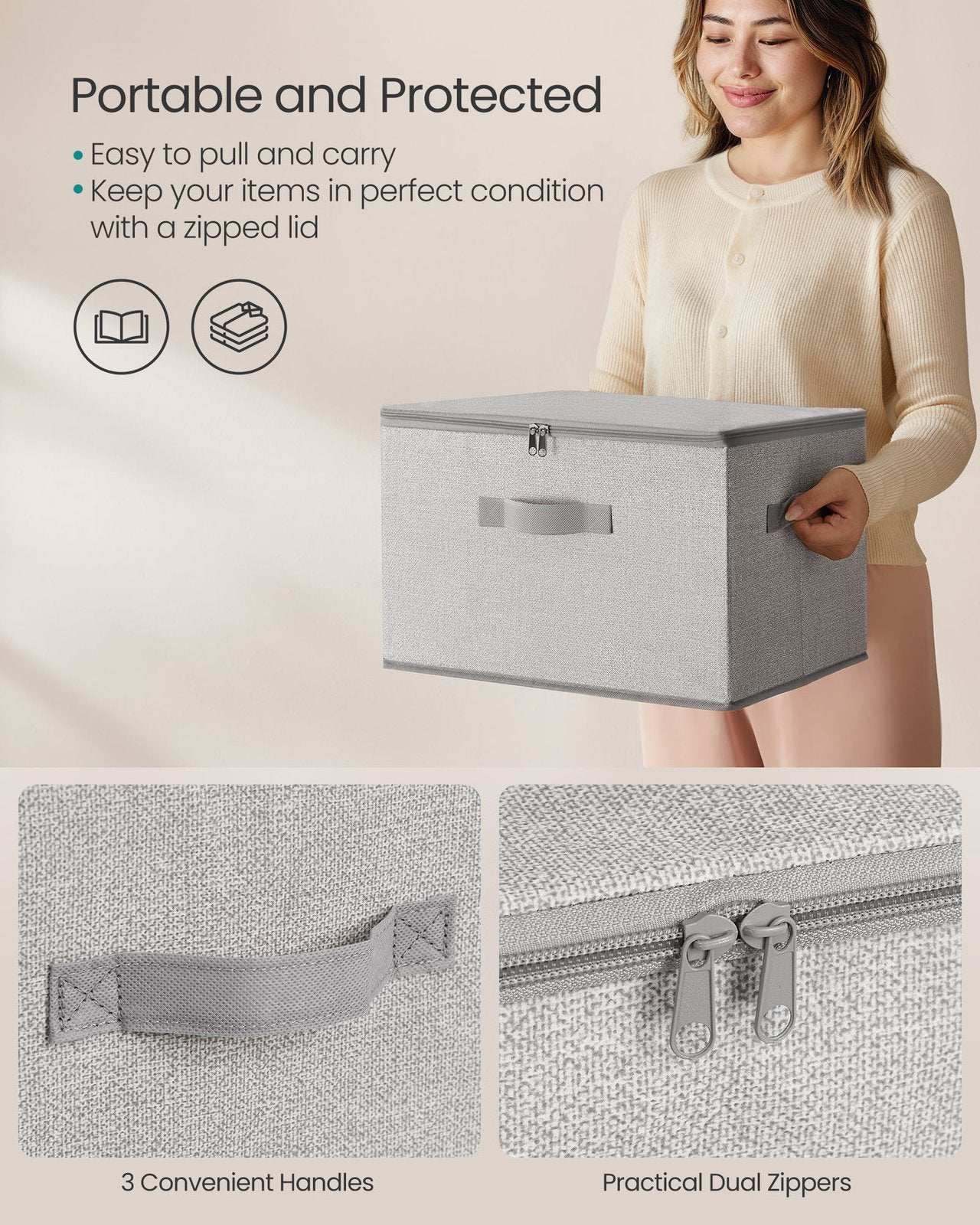 Set of 6 Foldable Storage Organiser Boxes - Thick Cardboard and Fabric - Dove Grey - with Lids