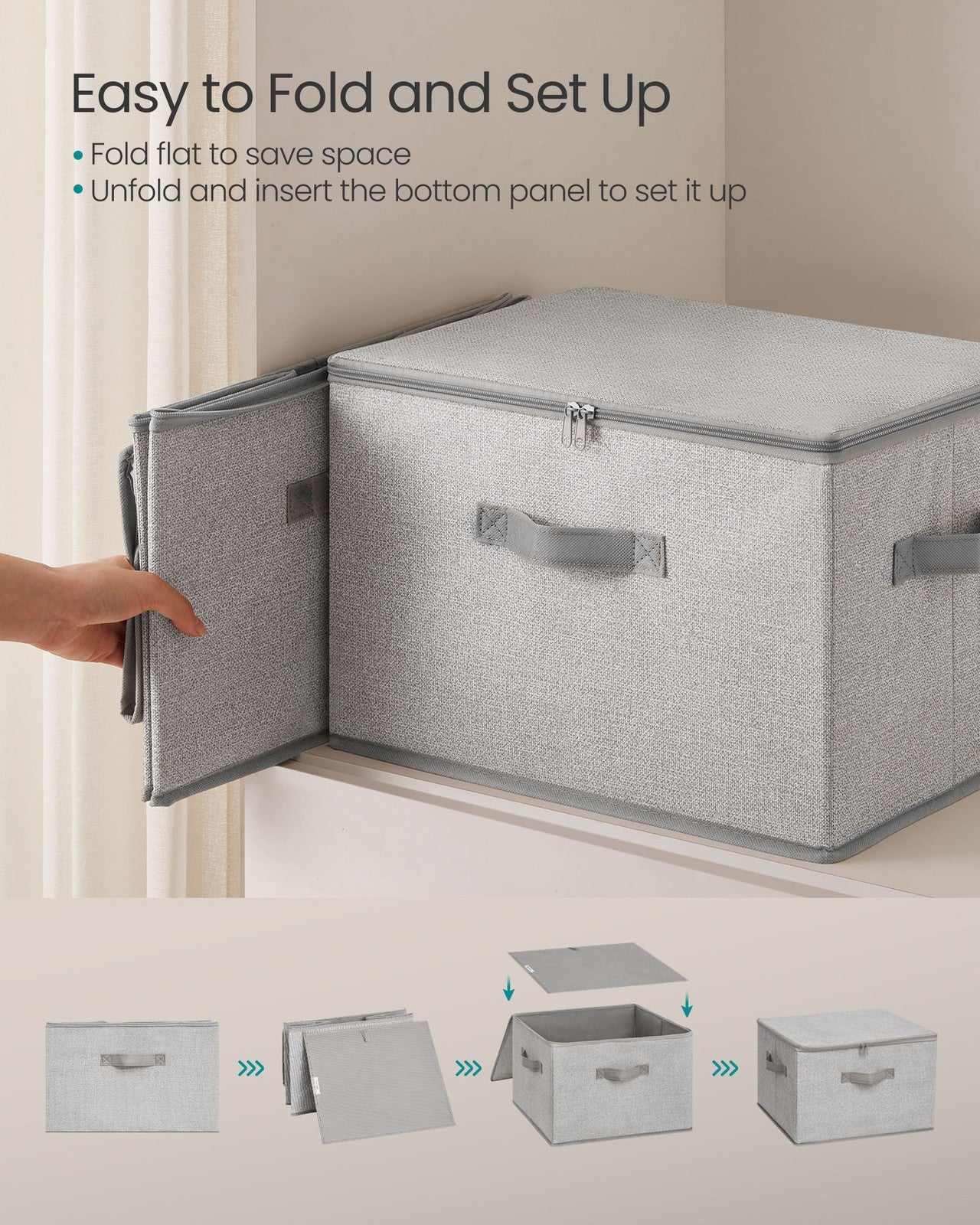 Set of 6 Foldable Storage Organiser Boxes - Thick Cardboard and Fabric - Dove Grey - with Lids
