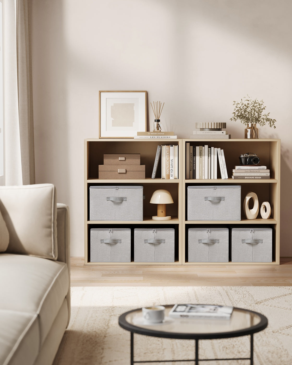Set of 6 Foldable Storage Organiser Boxes - Thick Cardboard and Fabric - Dove Grey - with Lids
