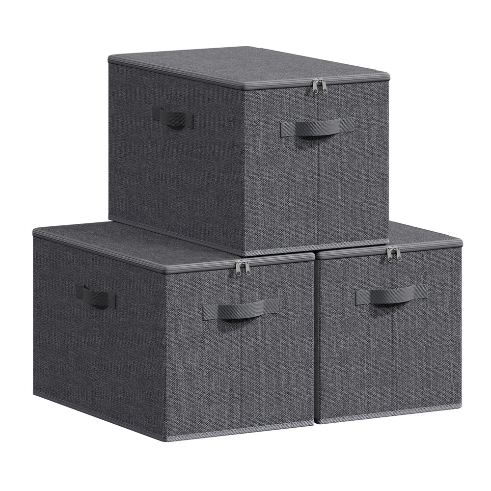 Foldable Storage Organiser Boxes Set of 3 - Thick Cardboard and Fabric - Slate Grey