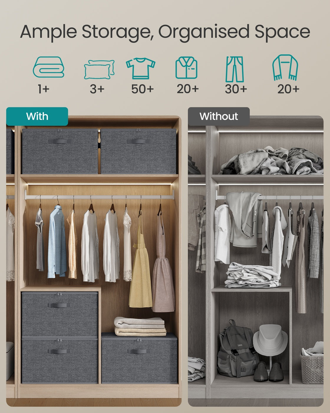 Foldable Storage Organiser Boxes Set of 3 - Thick Cardboard and Fabric - Slate Grey