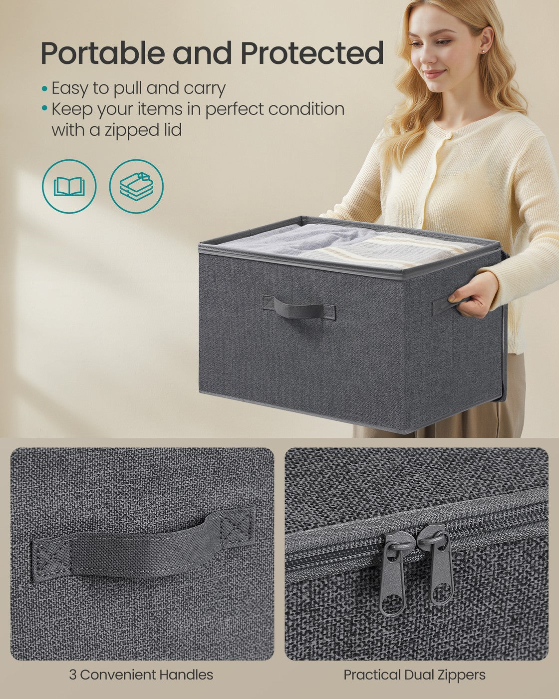 Foldable Storage Organiser Boxes Set of 3 - Thick Cardboard and Fabric - Slate Grey