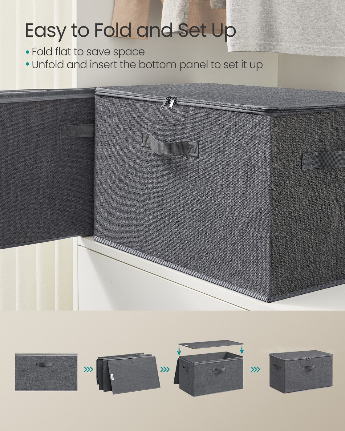 Foldable Storage Organiser Boxes Set of 3 - Thick Cardboard and Fabric - Slate Grey