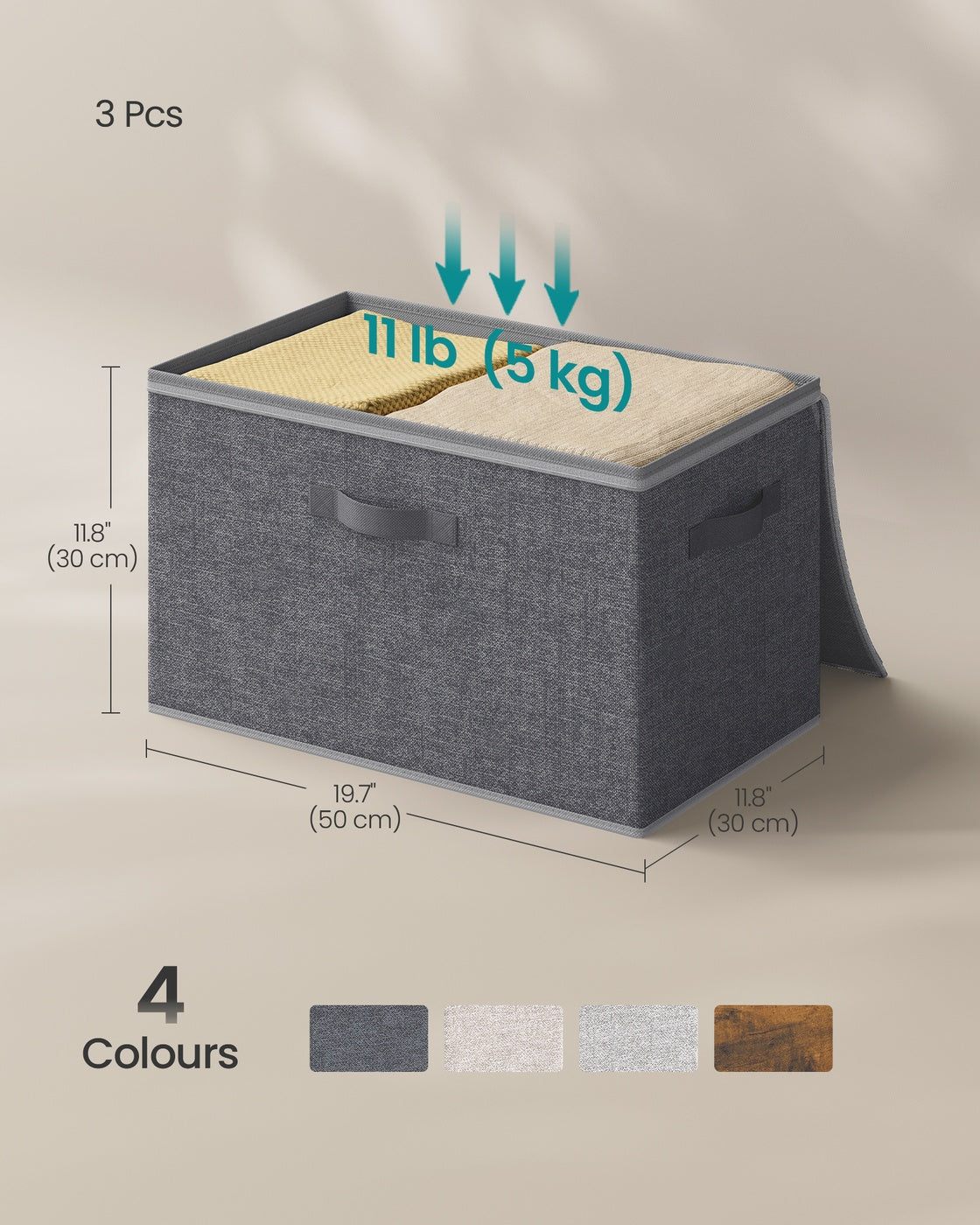Foldable Storage Organiser Boxes Set of 3 - Thick Cardboard and Fabric - Slate Grey