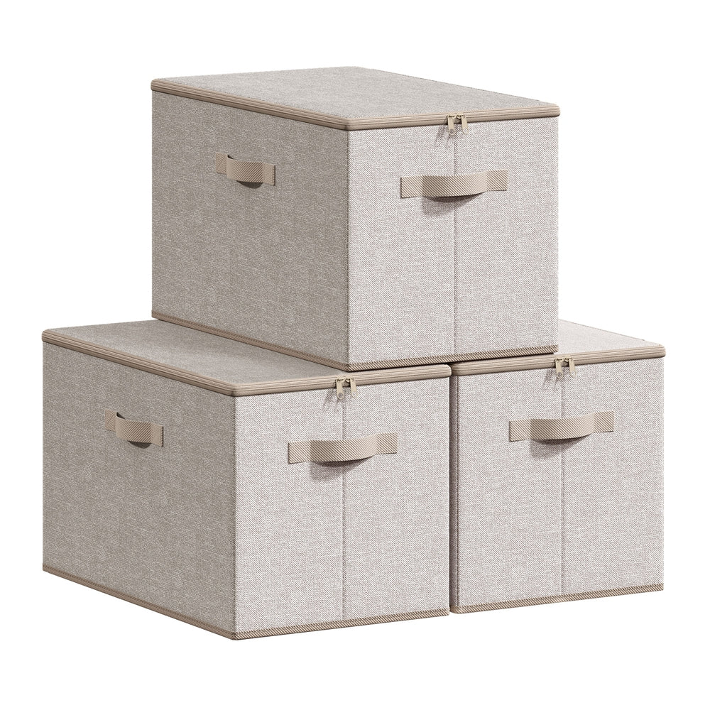 Set of 3 Foldable Storage Organiser Boxes - Thick Cardboard and Fabric - Sand Beige