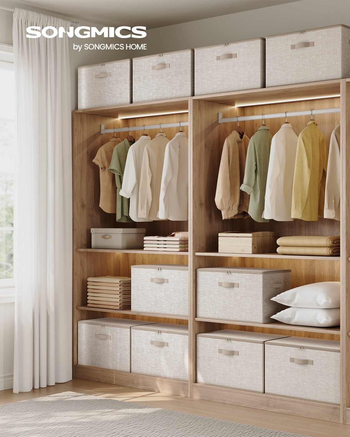 Set of 3 Foldable Storage Organiser Boxes - Thick Cardboard and Fabric - Sand Beige