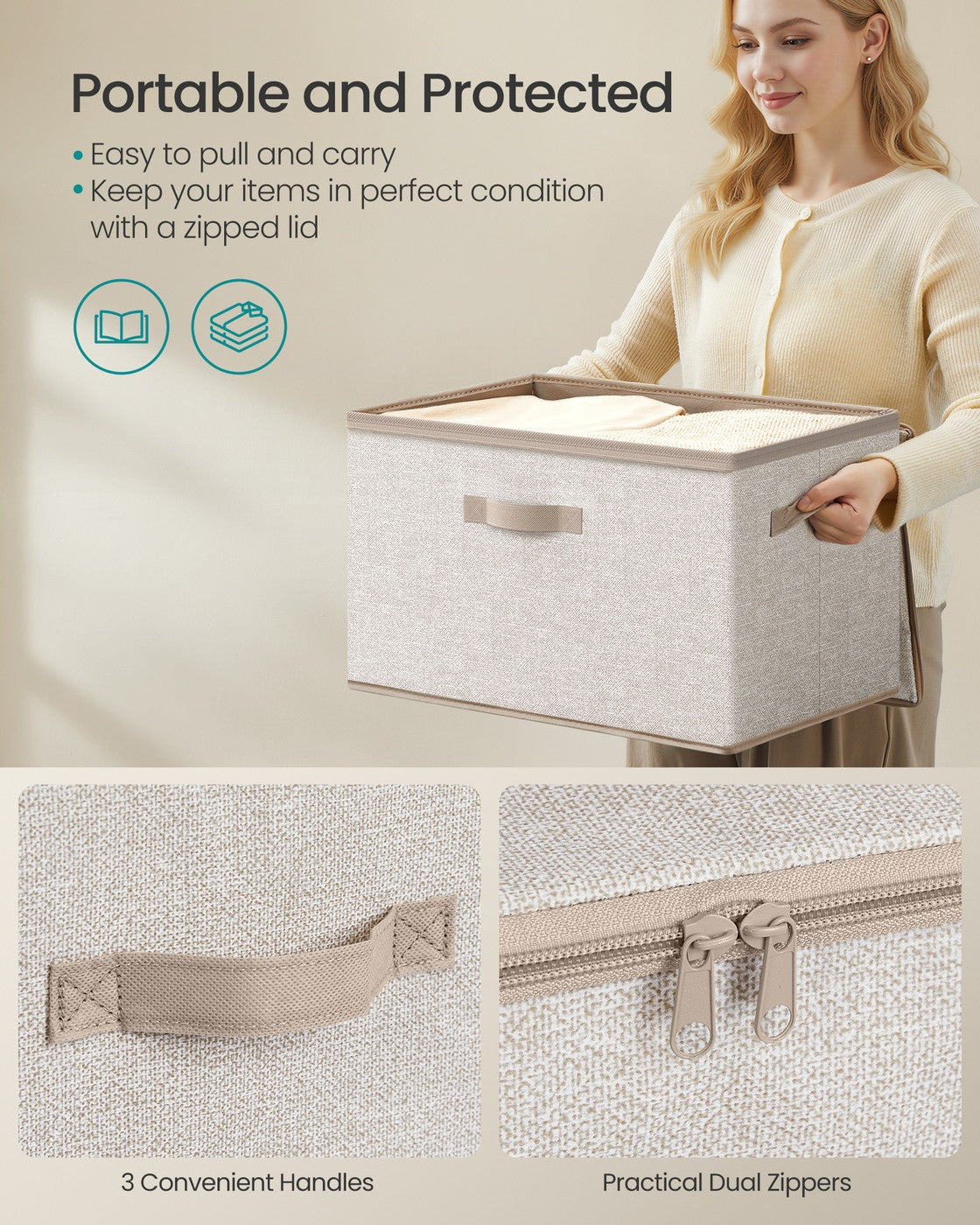 Set of 3 Foldable Storage Organiser Boxes - Thick Cardboard and Fabric - Sand Beige