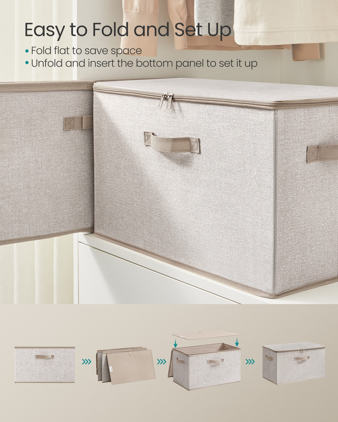 Set of 3 Foldable Storage Organiser Boxes - Thick Cardboard and Fabric - Sand Beige