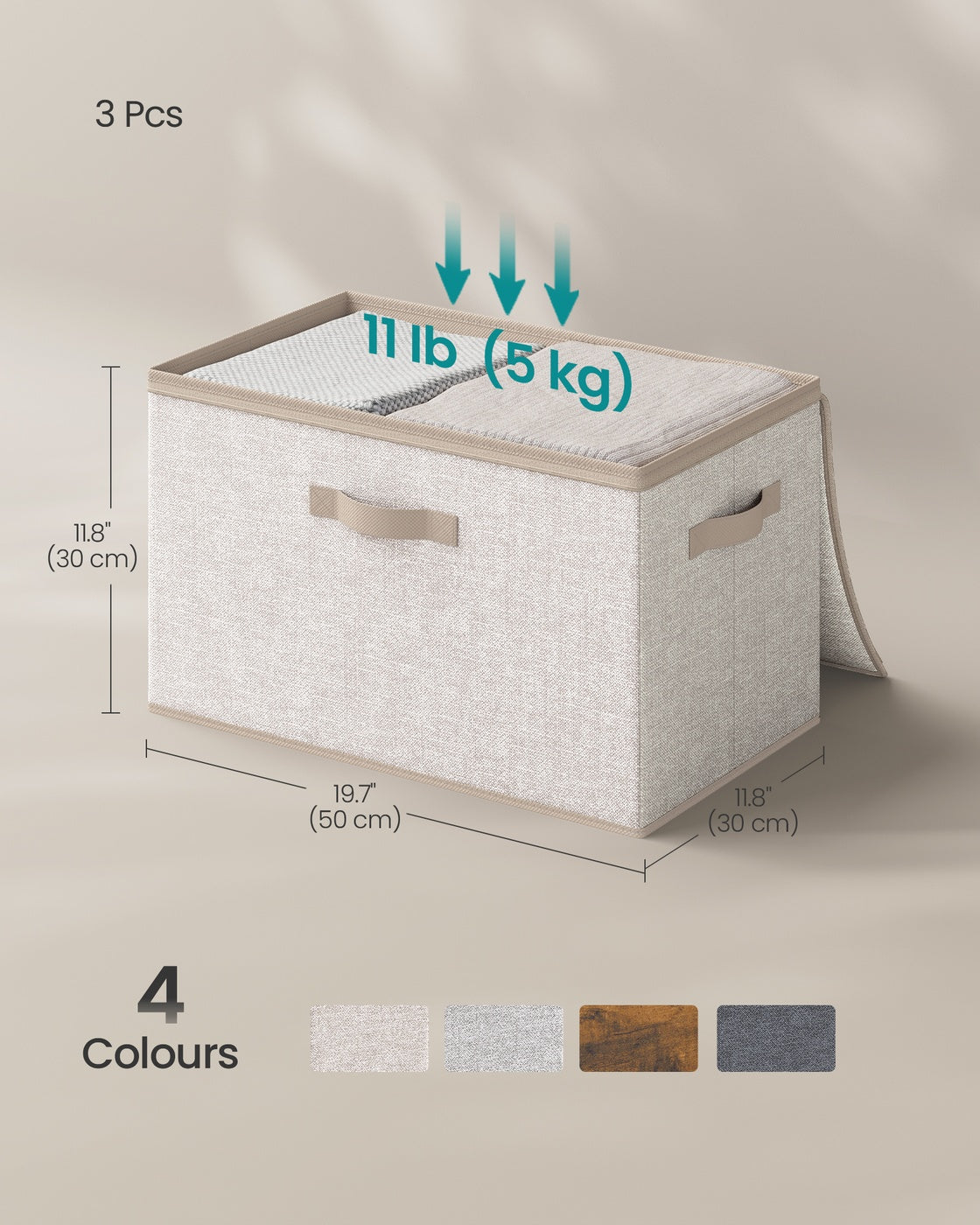 Set of 3 Foldable Storage Organiser Boxes - Thick Cardboard and Fabric - Sand Beige