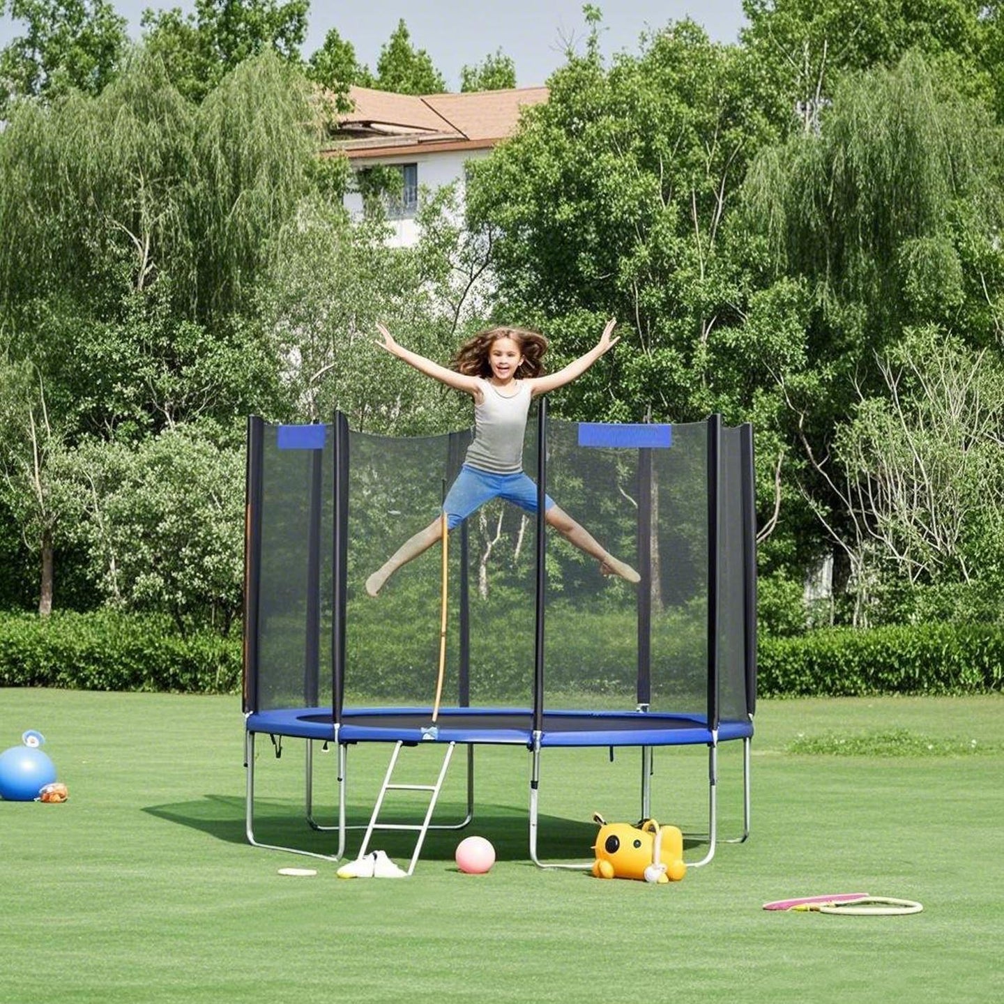 Trampoline - Steel - Blue - 10 ft with Enclosure Net and Safety Pad