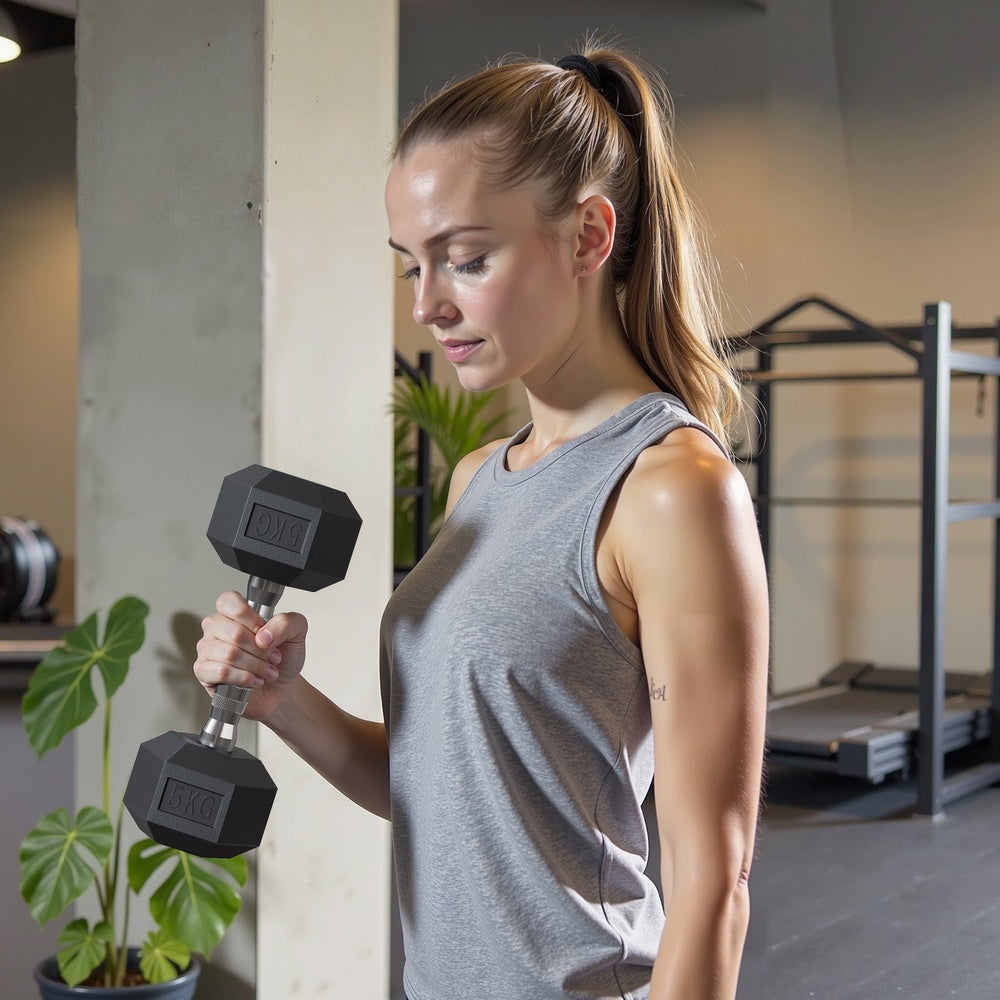 Pair of Hex Dumbbells - 10kg - Plastic - Anti-Rolling Design