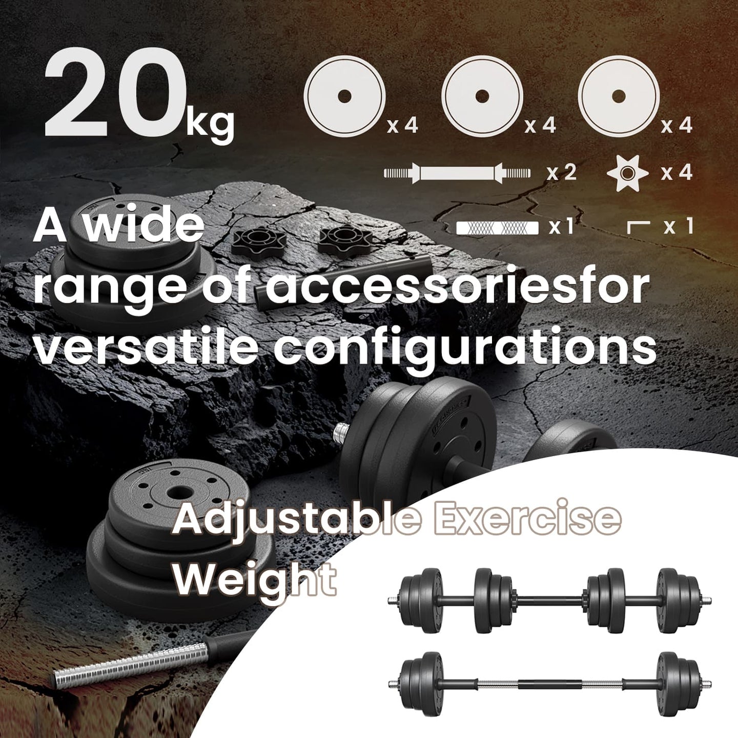 Dumbbells Set - Plastic-Coated - Ink Black - Adjustable 2 x 10 kg with Extra Barbell Bar