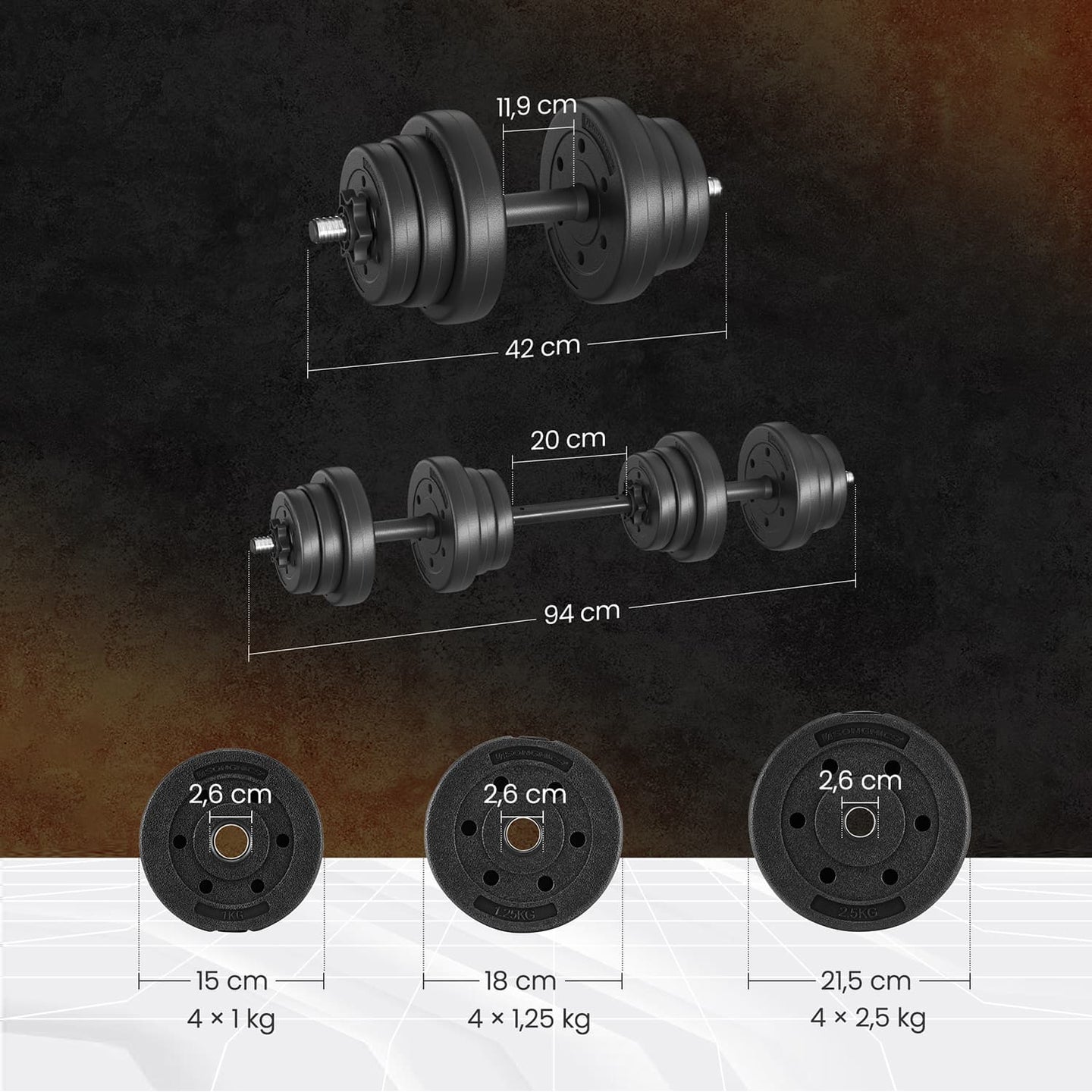 Dumbbells Set - Plastic-Coated - Ink Black - Adjustable 2 x 10 kg with Extra Barbell Bar