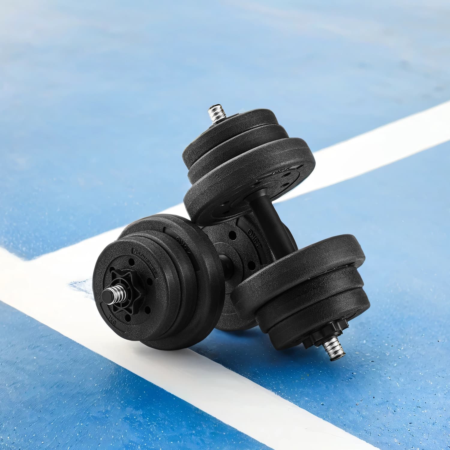 Dumbbells Set - Plastic-Coated - Ink Black - Adjustable 2 x 10 kg with Extra Barbell Bar