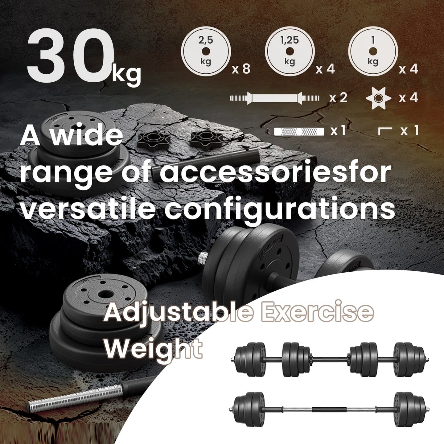 Dumbbell Set - Plastic-Coated - Ink Black - Adjustable with Extra Barbell Bar