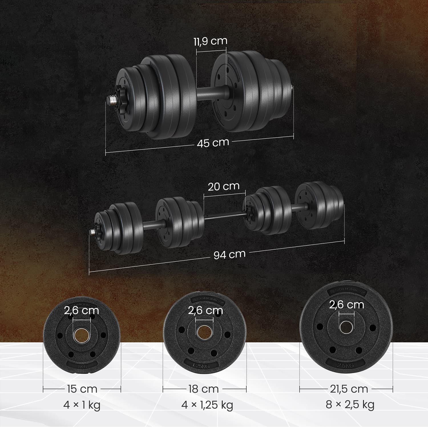 Dumbbell Set - Plastic-Coated - Ink Black - Adjustable with Extra Barbell Bar