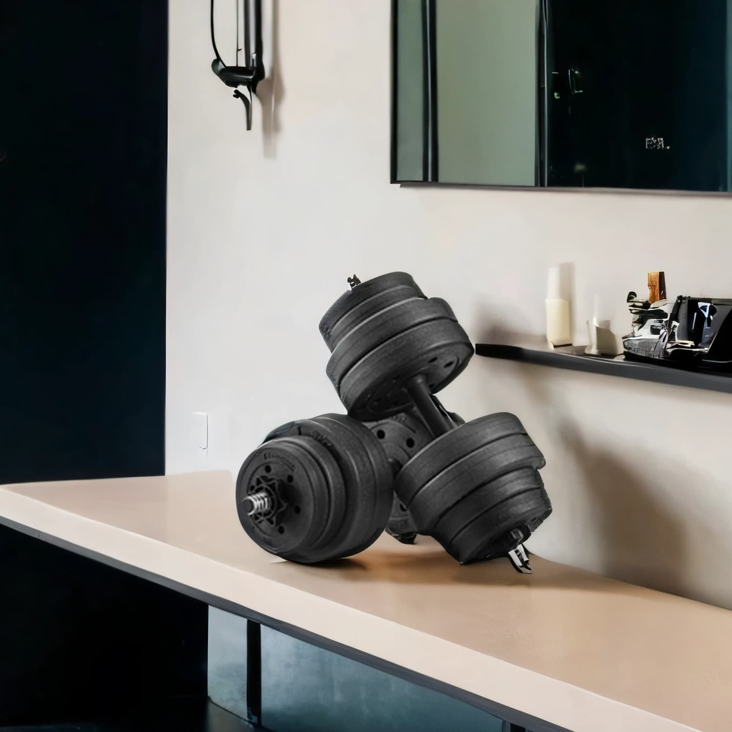 Dumbbell Set - Plastic-Coated - Ink Black - Adjustable with Extra Barbell Bar
