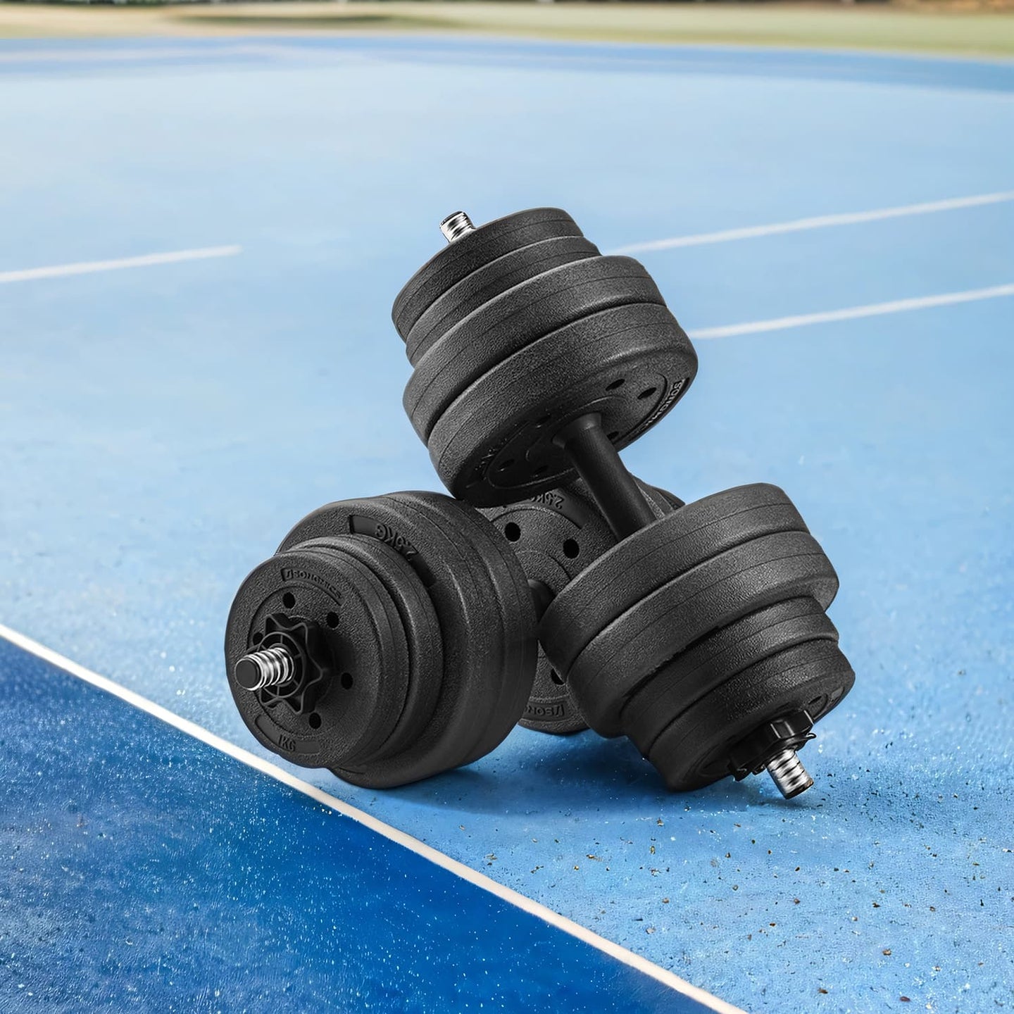 Dumbbell Set - Plastic-Coated - Ink Black - Adjustable with Extra Barbell Bar
