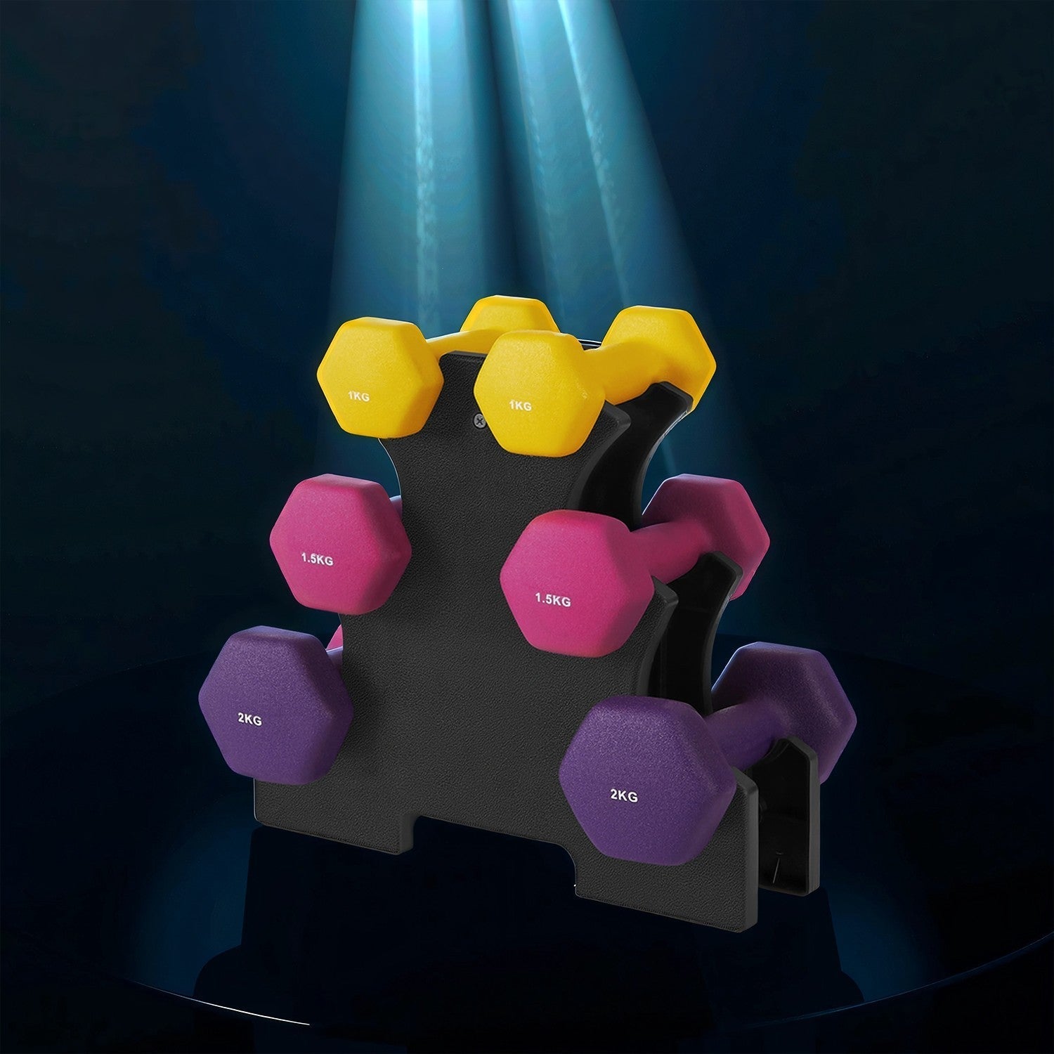 Hex Neoprene Dumbbells Set with Stand - Neoprene - Multicolor - Matte Finish