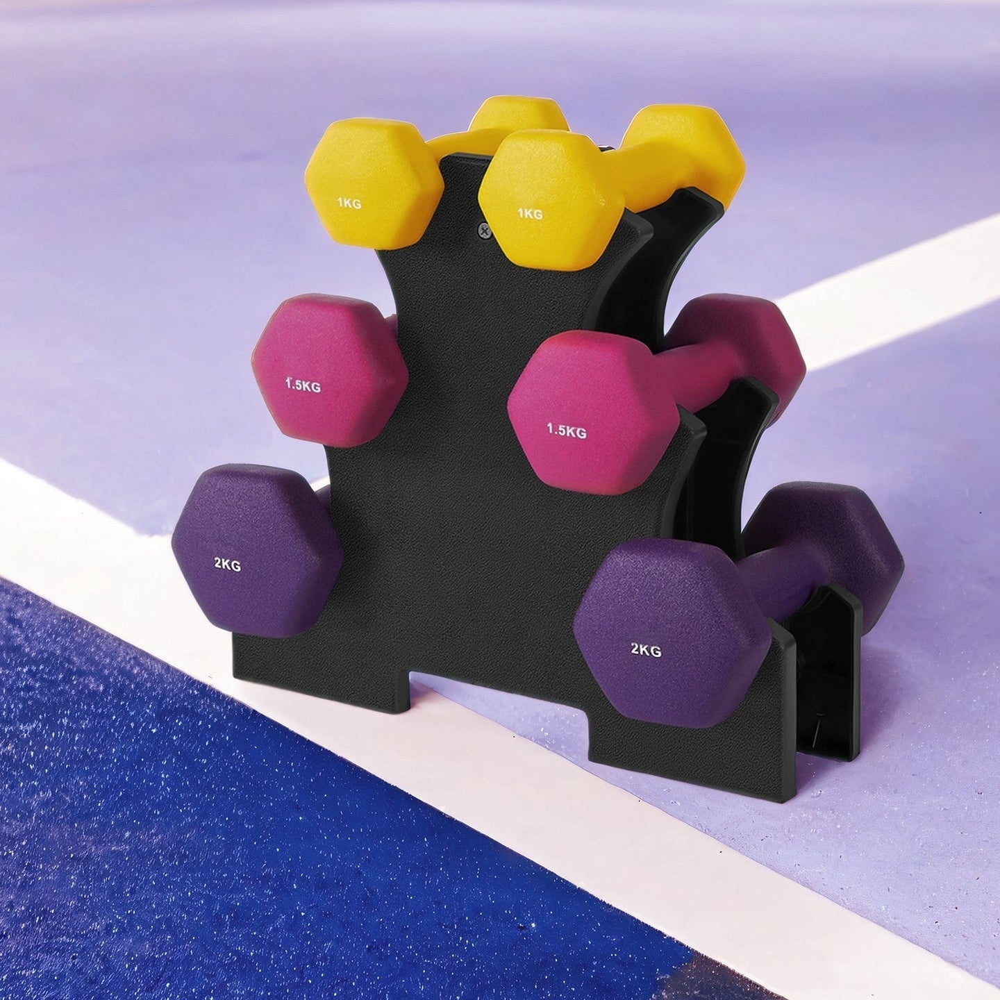 Hex Neoprene Dumbbells Set with Stand - Neoprene - Multicolor - Matte Finish