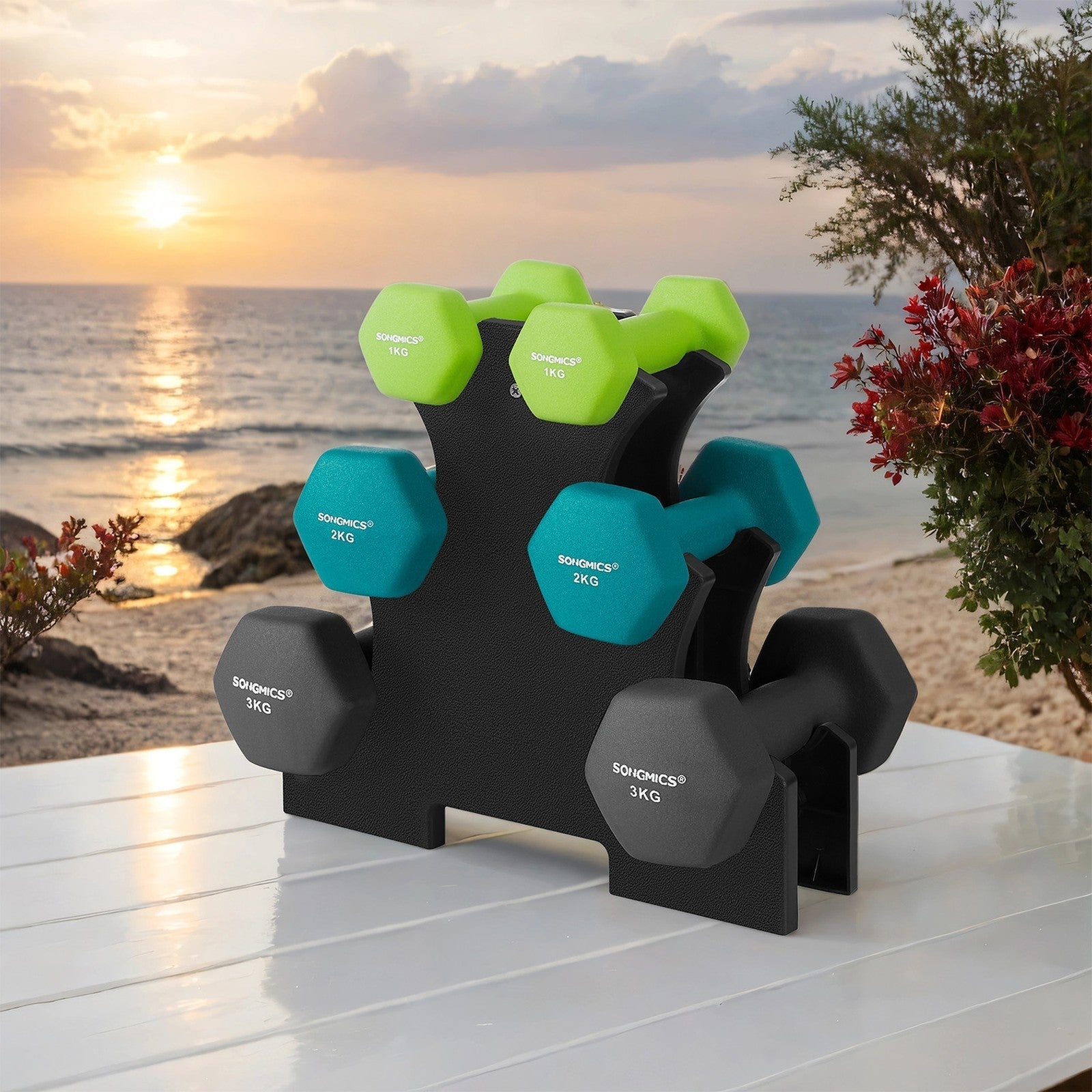 Dumbbell Set - Neoprene - Lime, Teal, Light Grey - Non-Slip Hex Design