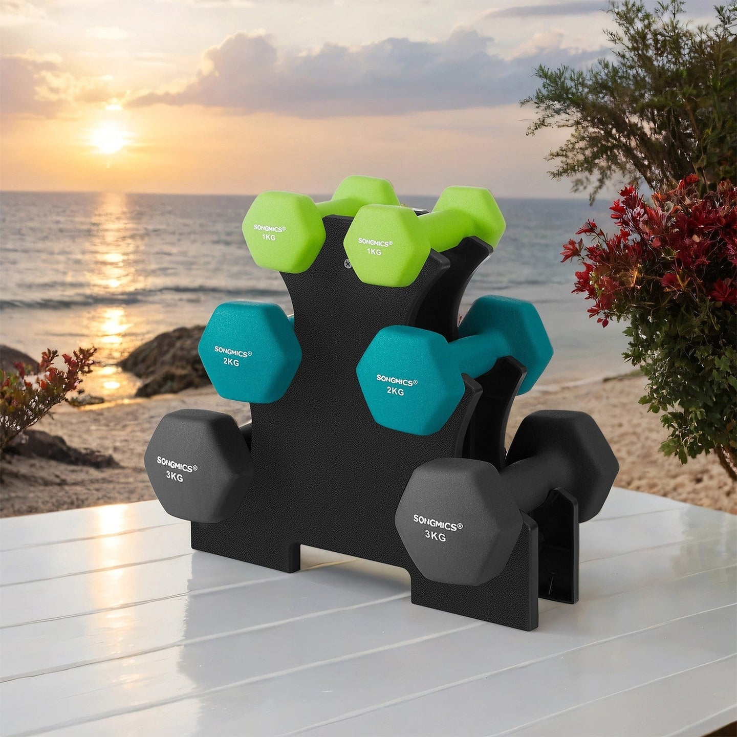 Dumbbell Set - Neoprene - Lime, Teal, Light Grey - Non-Slip Hex Design