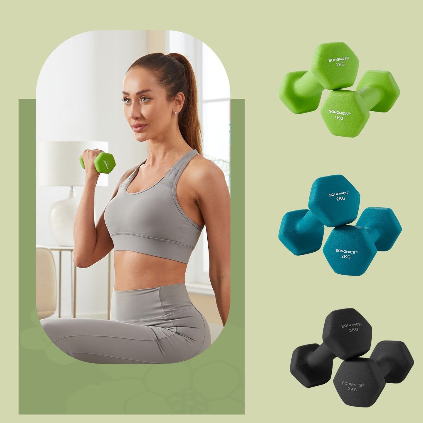 Dumbbell Set - Neoprene - Lime, Teal, Light Grey - Non-Slip Hex Design