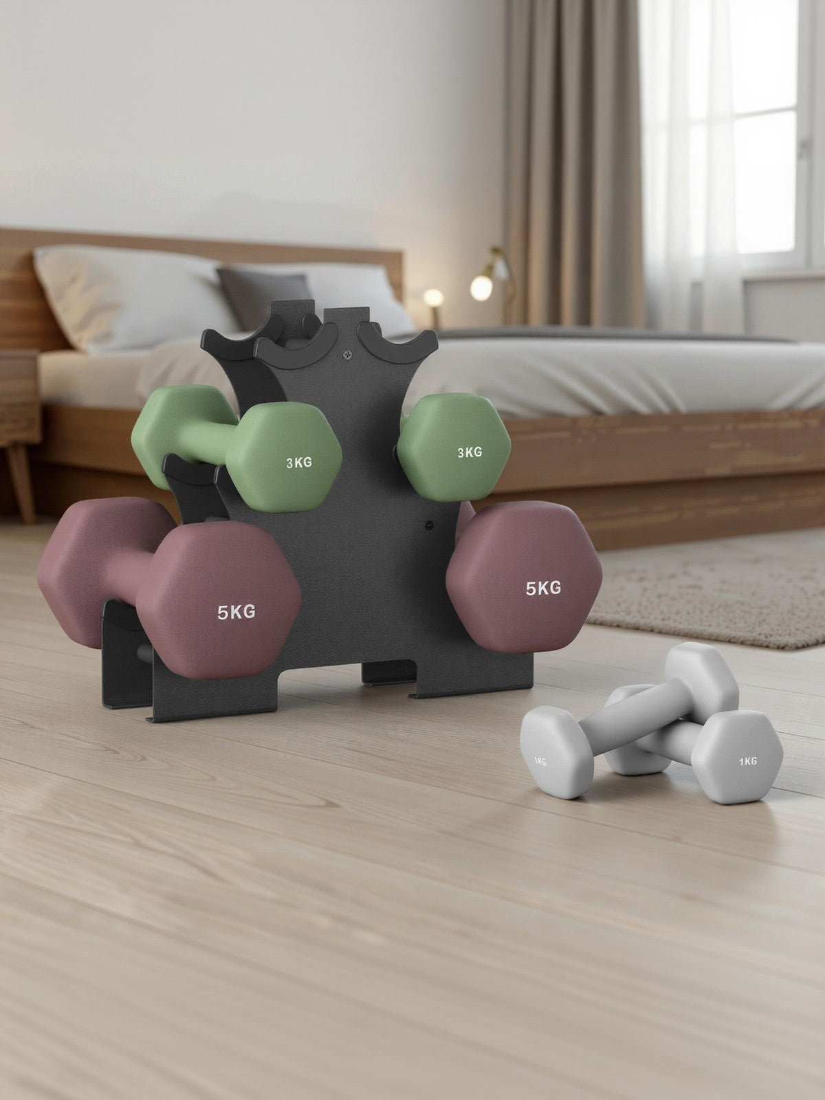 Hex Dumbbells Set - Iron - Grey - with Stand - kg