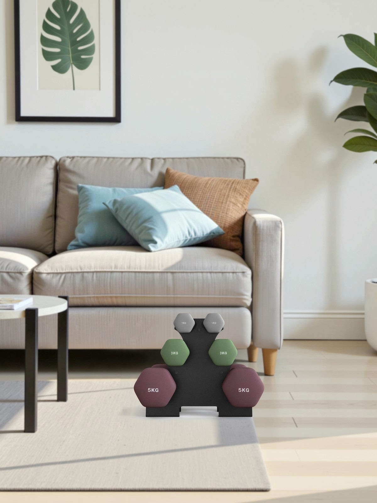 Hex Dumbbells Set - Iron - Grey - with Stand - kg