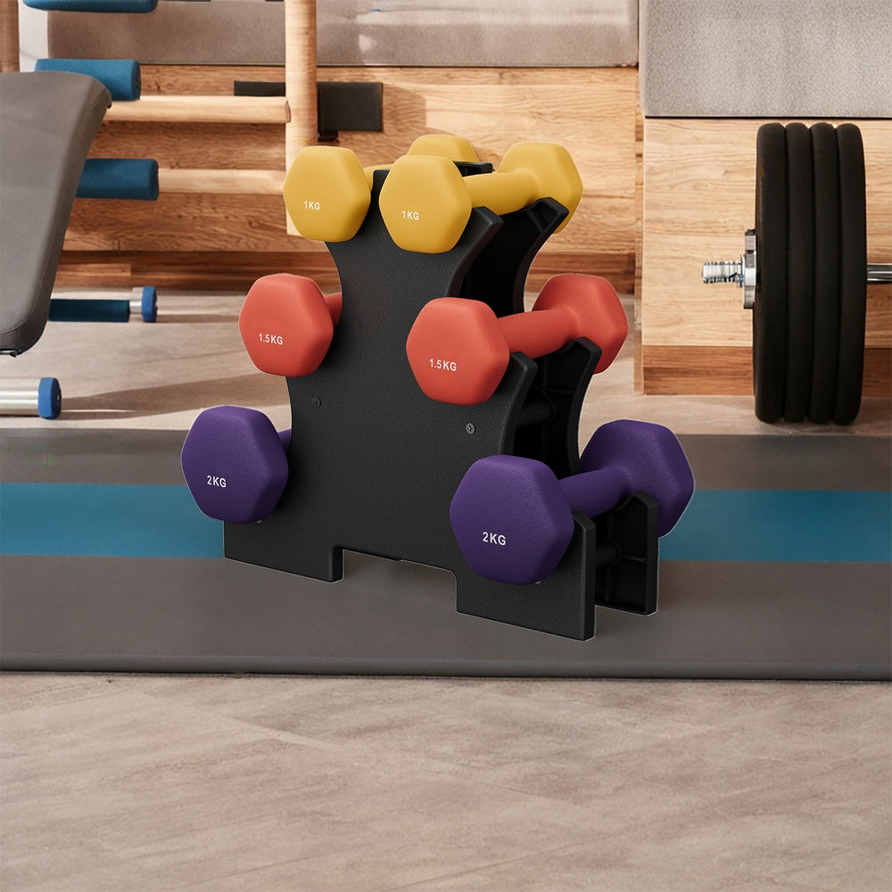 Neoprene Dumbbells Set - 2 x 1 kg - Cast Iron with Neoprene Coating - Sturdy Stand Included
